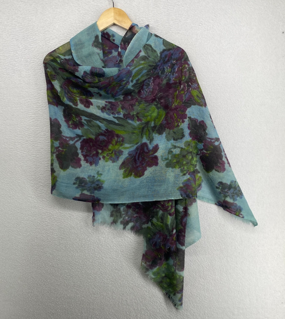 PINE CONE HILL Scarf Wool Gauze Floral Fringed Wrap Rectangle Blue 28" x 72"